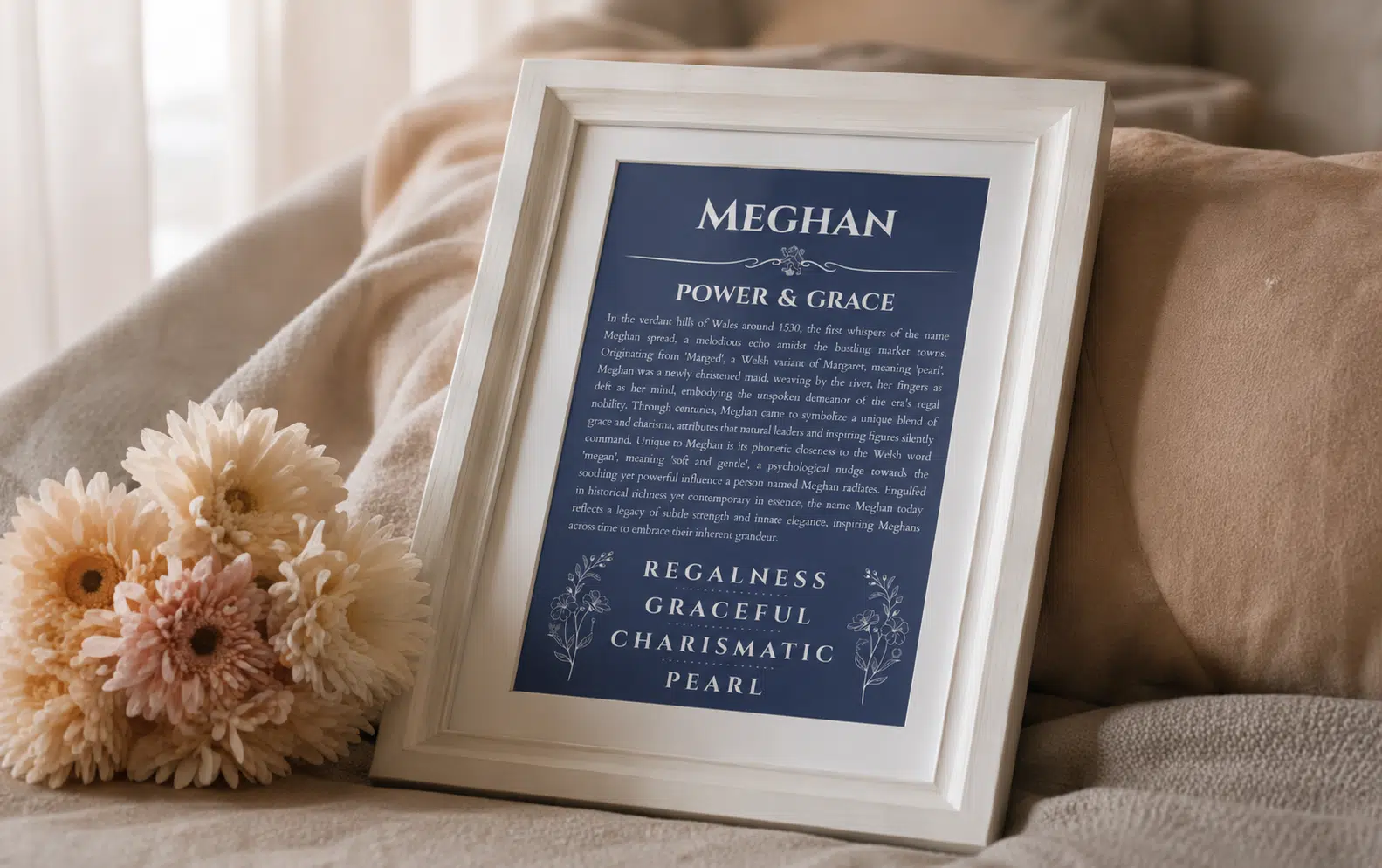 Framed personalized name meaning print displayed in a bedroom as meaningful home decor
