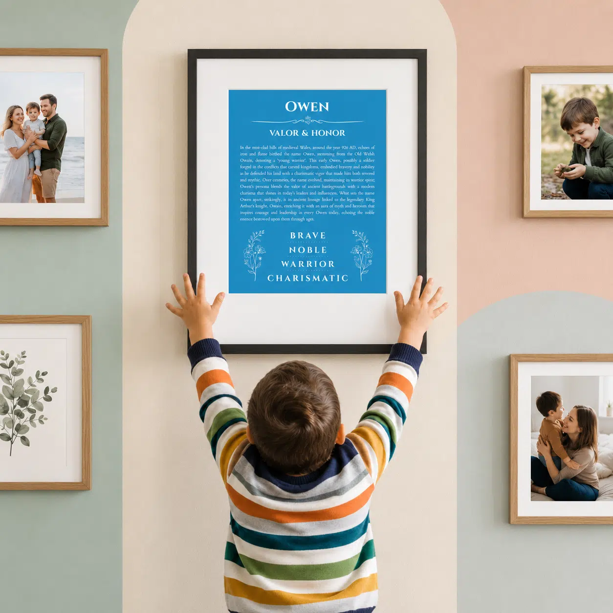 Child reaching toward a personalized name meaning print displayed on the wall as a daily reminder