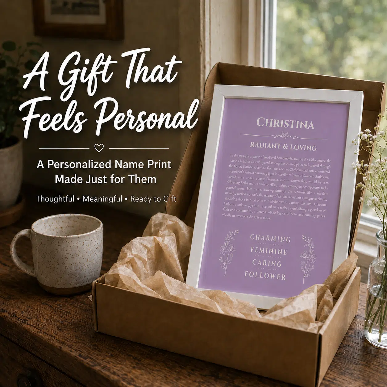 Personalized name meaning print presented as a meaningful personalized gift