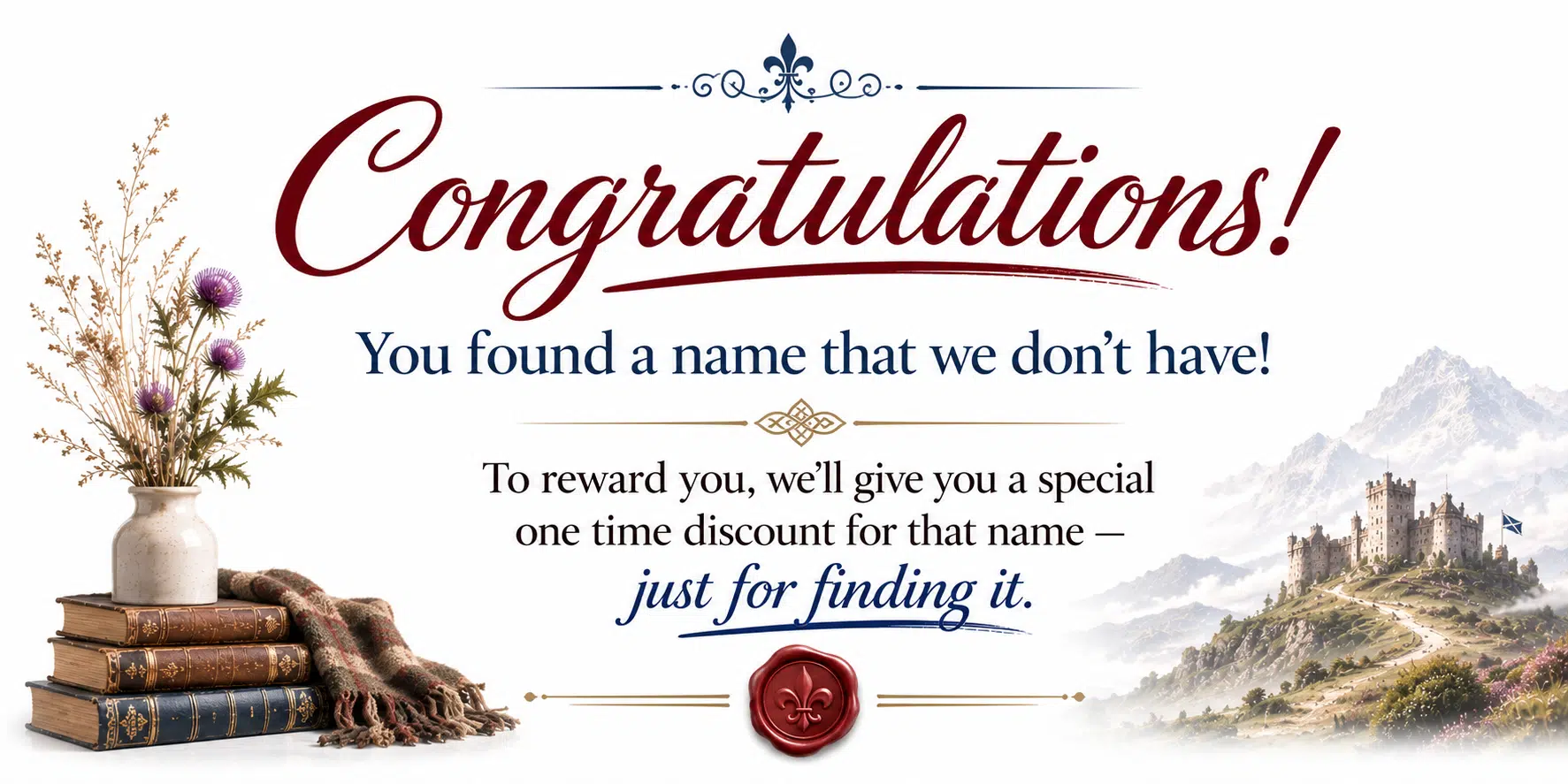 Congratulations message offering a one-time discount for requesting a personalized name meaning print that is not yet available