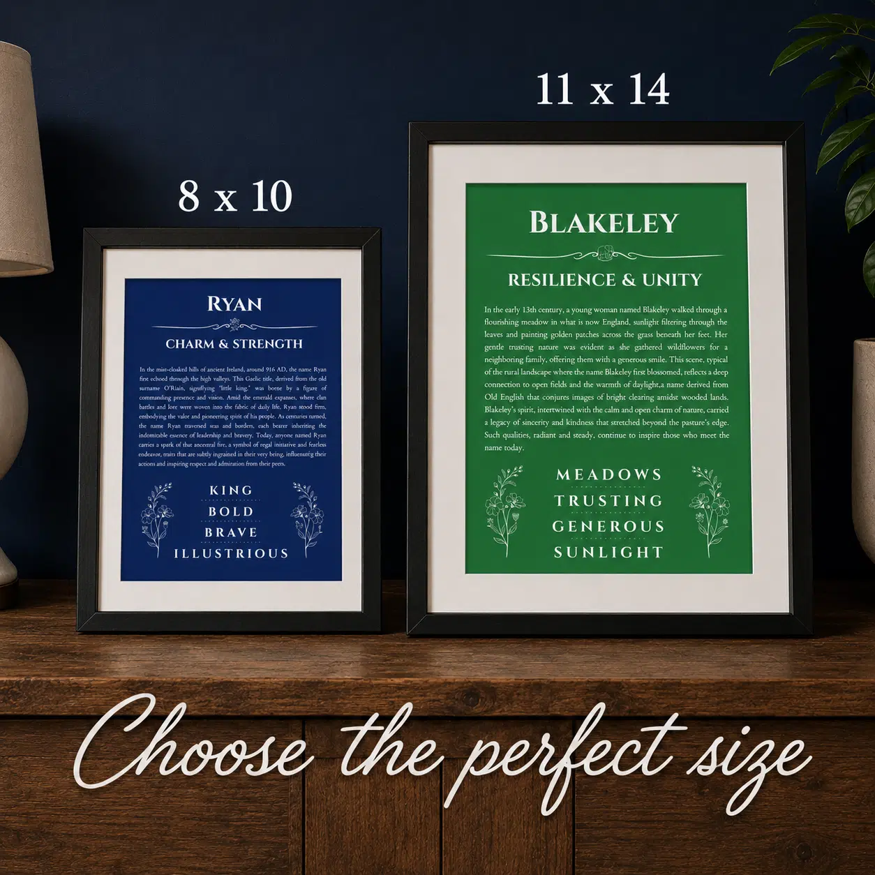 8x10 and 11x14 personalized name meaning prints shown side by side for size comparison