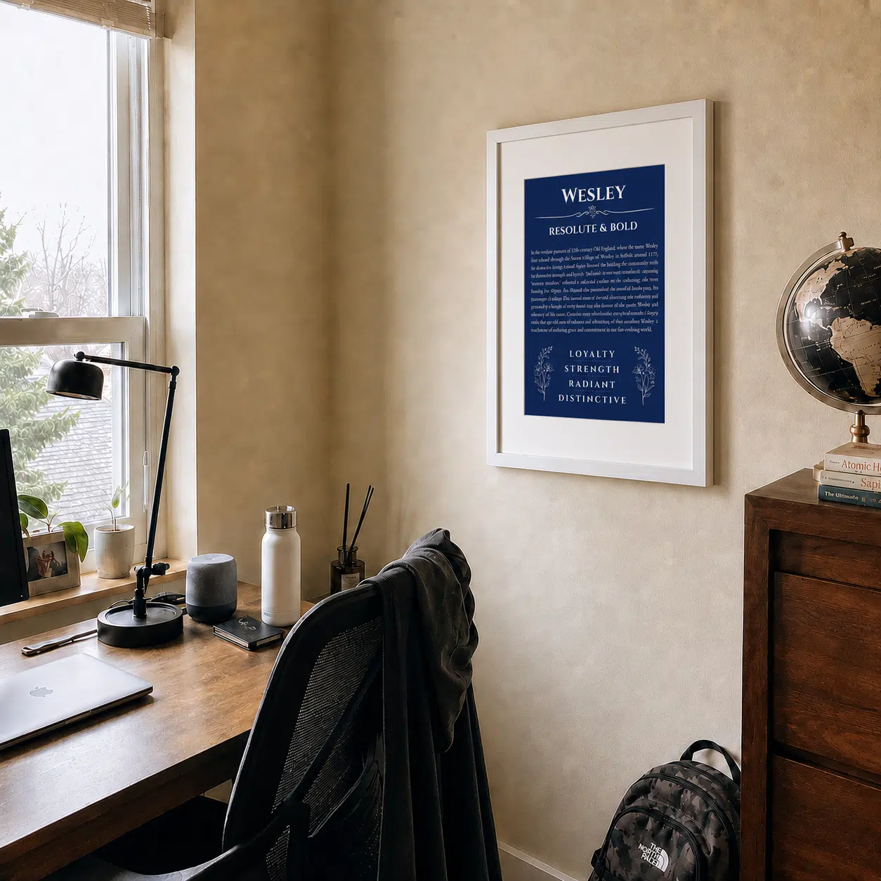Framed personalized name meaning print displayed on the wall of a home office
