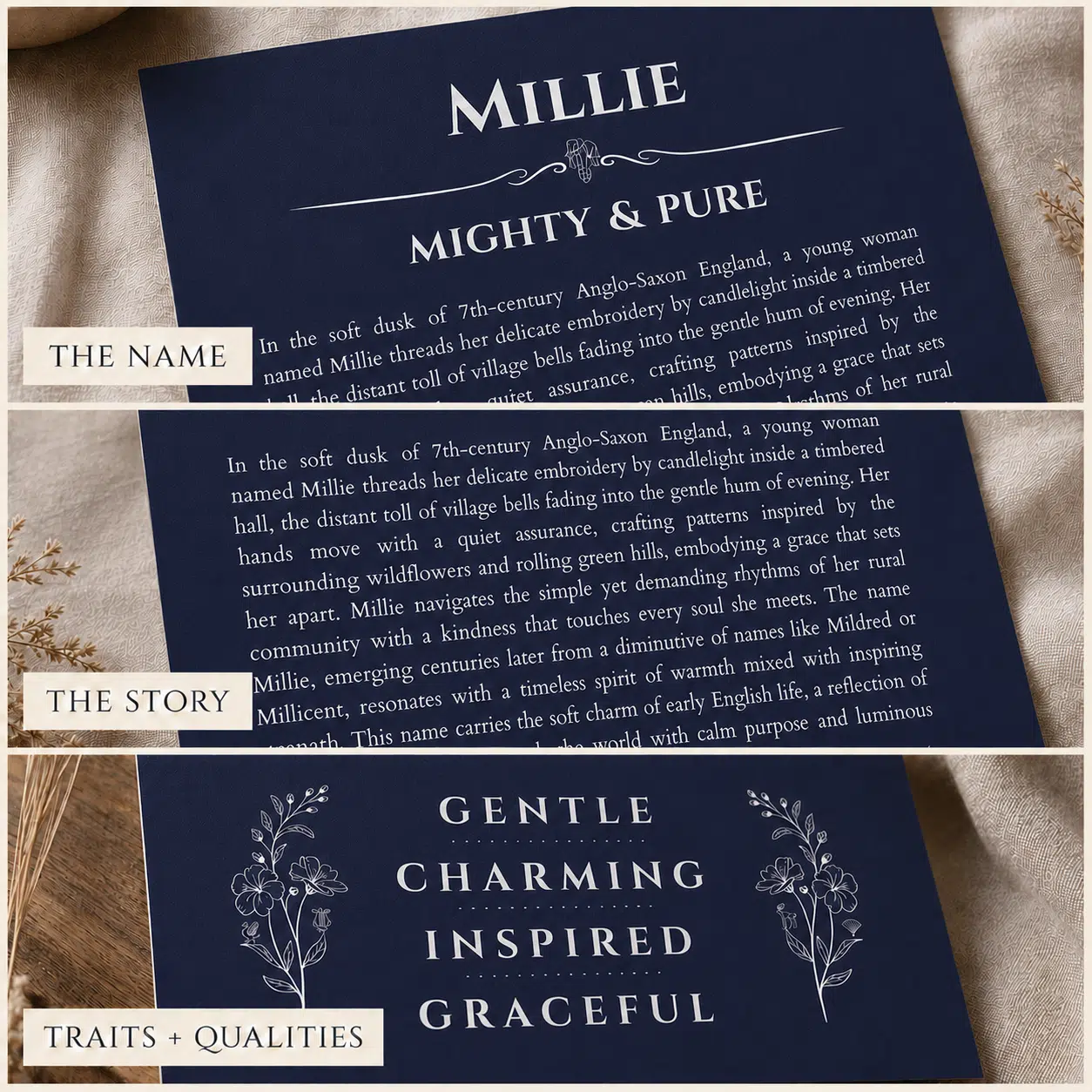 Example of a personalized name meaning print showing the name, story, and personality traits