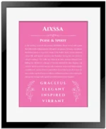 Aixssa custom name art showing meaning and origin in pink with black matte frame