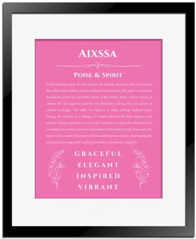 Aixssa custom name art showing meaning and origin in pink with black matte frame