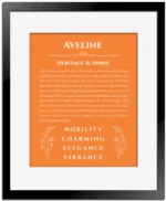 Aveline personalized name meaning print in orange with black matte frame