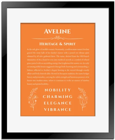Aveline personalized name meaning print in orange with black matte frame