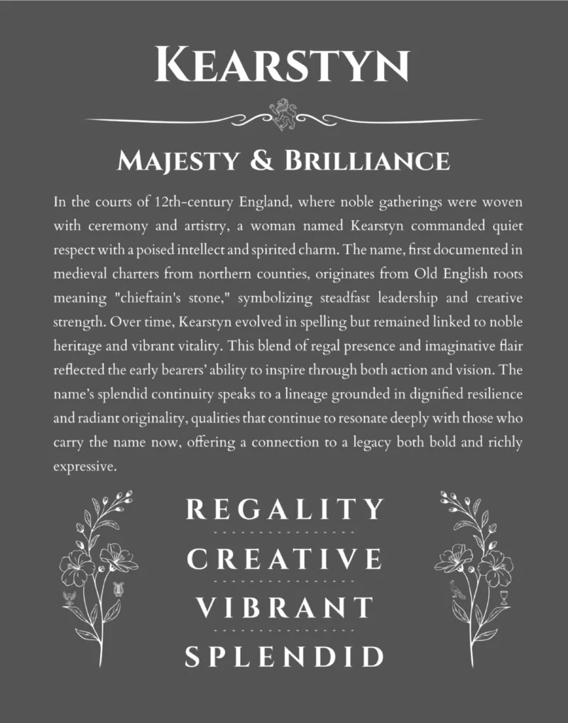 Kearstyn name origin print with meaning and traits in gray