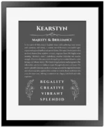Kearstyn name origin print with meaning and traits in gray with black matte frame