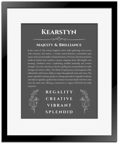 Kearstyn name origin print with meaning and traits in gray with black matte frame