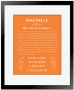 Machelle personalized name meaning print in orange with black matte frame
