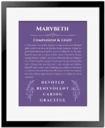 Marybeth personalized wall art with the story of your name in purple with black matte frame
