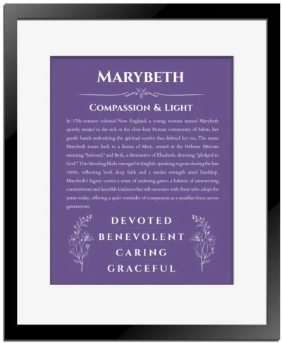 Marybeth personalized wall art with the story of your name in purple with black matte frame