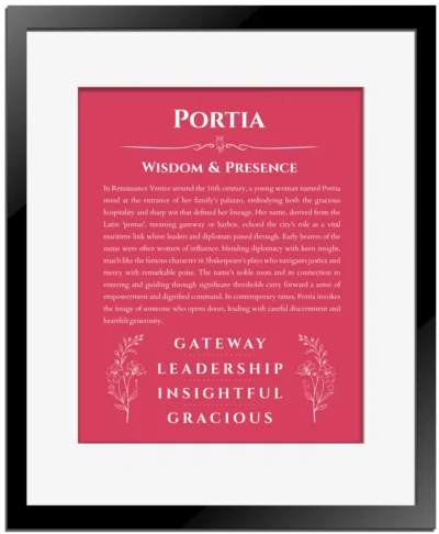 Portia name meaning wall art by Get Your Story in red with black matte frame