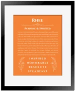 Rhee personalized name meaning print in orange with black matte frame