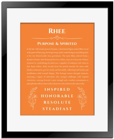Rhee personalized name meaning print in orange with black matte frame