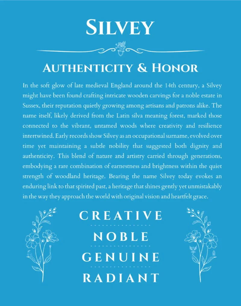 Silvey name origin print with meaning and traits in blue