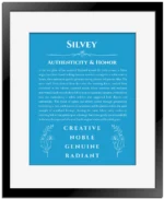 Silvey name origin print with meaning and traits in blue with black matte frame