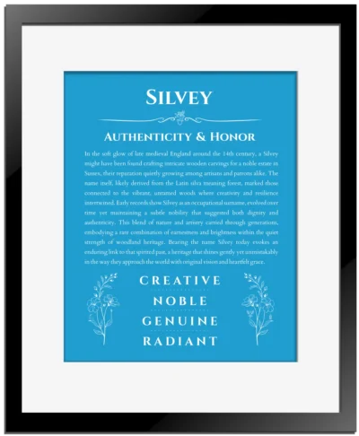 Silvey name origin print with meaning and traits in blue with black matte frame