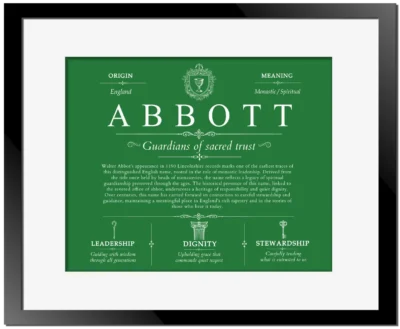 Abbott last name meaning and origin in Dark Green with Black Matte Frame
