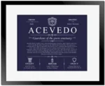 Acevedo surname history and family heritage in Navy Blue with Black Matte Frame