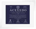 Acevedo surname history and family heritage in Navy Blue with White Matte Frame