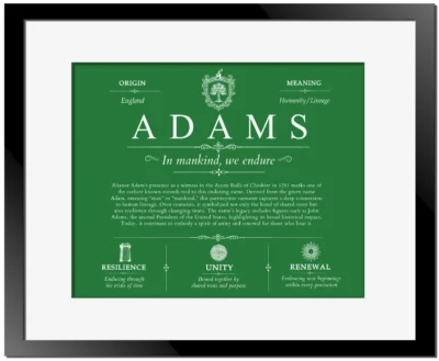 Adams last name history and origin in Dark Green with Black Matte Frame