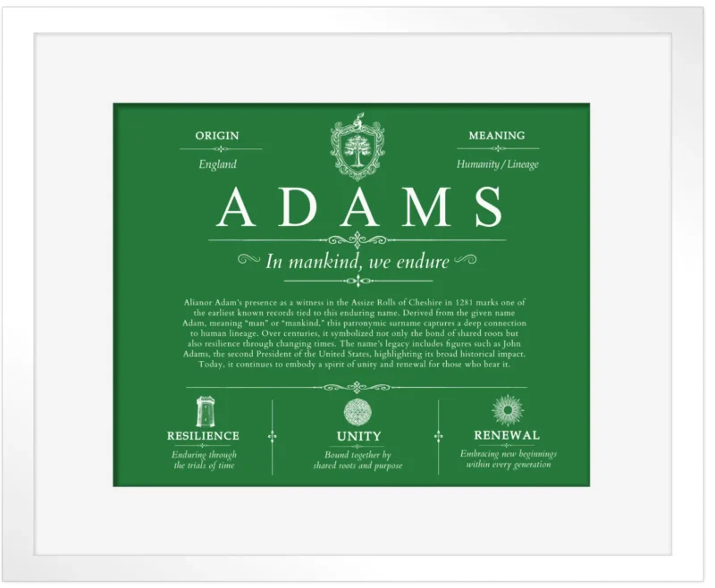 Adams last name history and origin in Dark Green with White Matte Frame