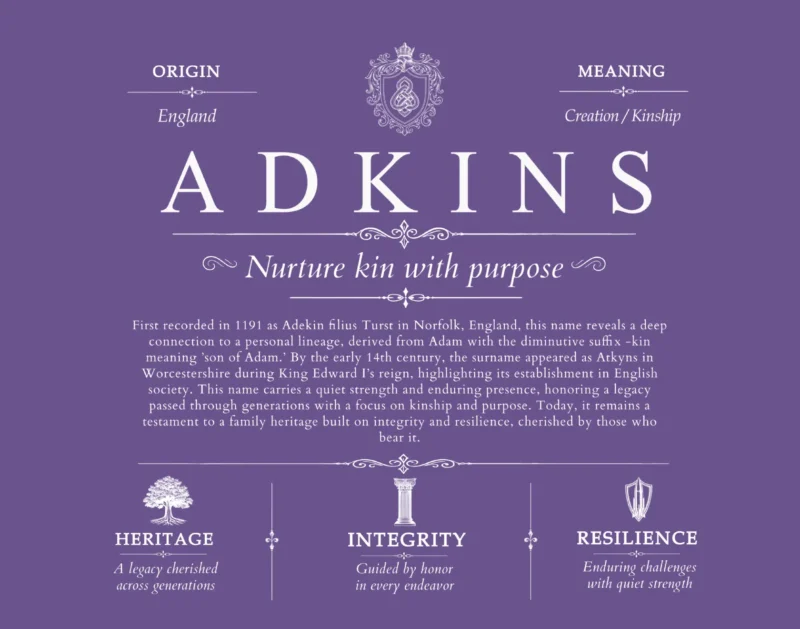 Adkins family name meaning and history in Purple