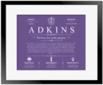 Adkins family name meaning and history in Purple with Black Matte Frame