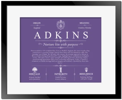 Adkins family name meaning and history in Purple with Black Matte Frame