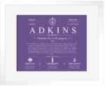 Adkins family name meaning and history in Purple with White Matte Frame