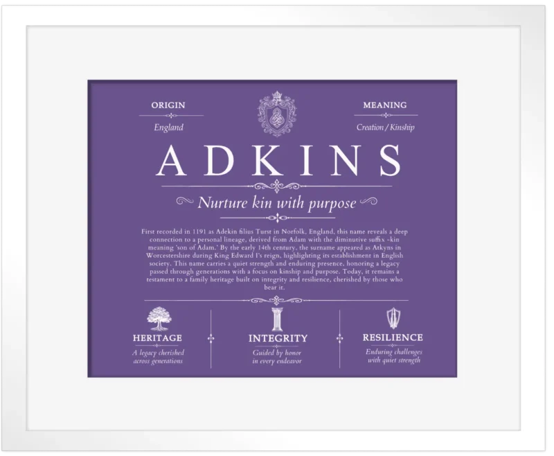 Adkins family name meaning and history in Purple with White Matte Frame