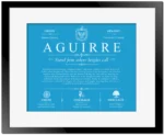 Aguirre family name history in Blue with Black Matte Frame