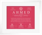 Ahmed personalized family surname in Red with White Matte Frame