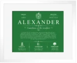 Alexander surname history and family heritage in Dark Green with White Matte Frame Alexander surname history and family heritage in Dark Green with White Matte Frame