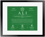 Ali family name origin and history in Dark Green with Black Matte Frame