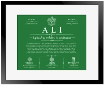 Ali family name origin and history in Dark Green with Black Matte Frame