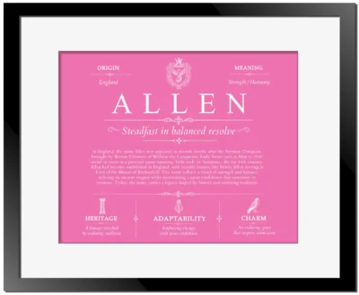 Allen last name origin and heritage in Pink with Black Matte Frame