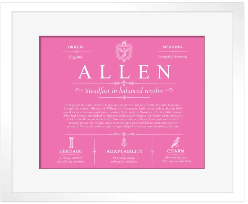 Allen last name origin and heritage in Pink with White Matte Frame