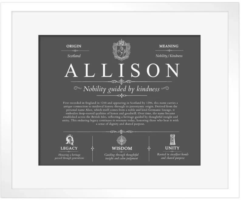Allison surname meaning history and origin in Gray with White Matte Frame