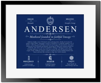 Andersen surname meaning history and origin in Deep Blue with Black Matte Frame