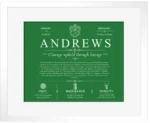 Andrews surname meaning history and origin in Dark Green with White Matte Frame