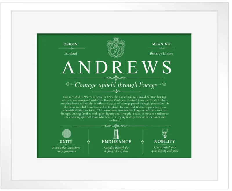 Andrews surname meaning history and origin in Dark Green with White Matte Frame
