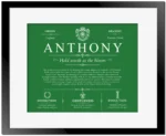 Anthony surname origin and family heritage in Dark Green with Black Matte Frame