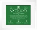 Anthony surname origin and family heritage in Dark Green with White Matte Frame Anthony surname origin and family heritage in Dark Green with White Matte Frame