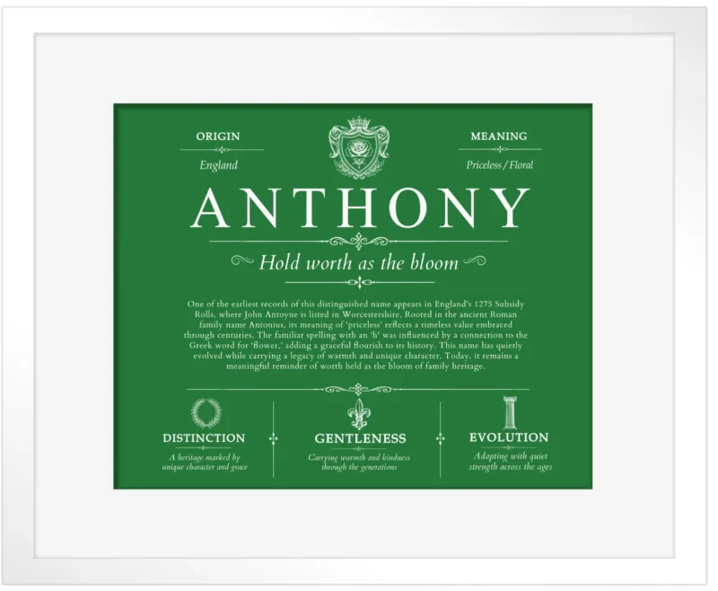 Anthony surname origin and family heritage in Dark Green with White Matte Frame