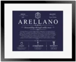 Arellano surname history and heritage in Navy Blue with Black Matte Frame