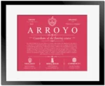 Arroyo family name origin and history in Red with Black Matte Frame