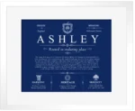 Ashley family name meaning and origin in Deep Blue with White Matte Frame